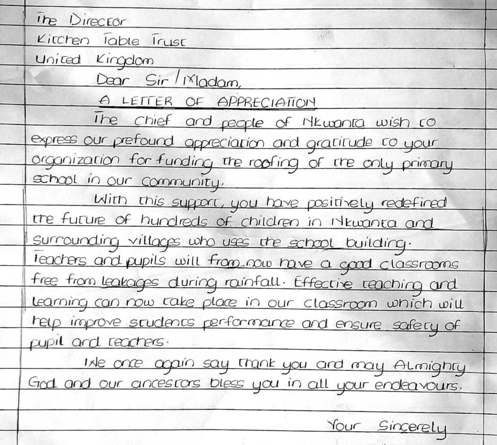 Thanks from Nkwanta, Ghana Kitchen Table Charities Trust